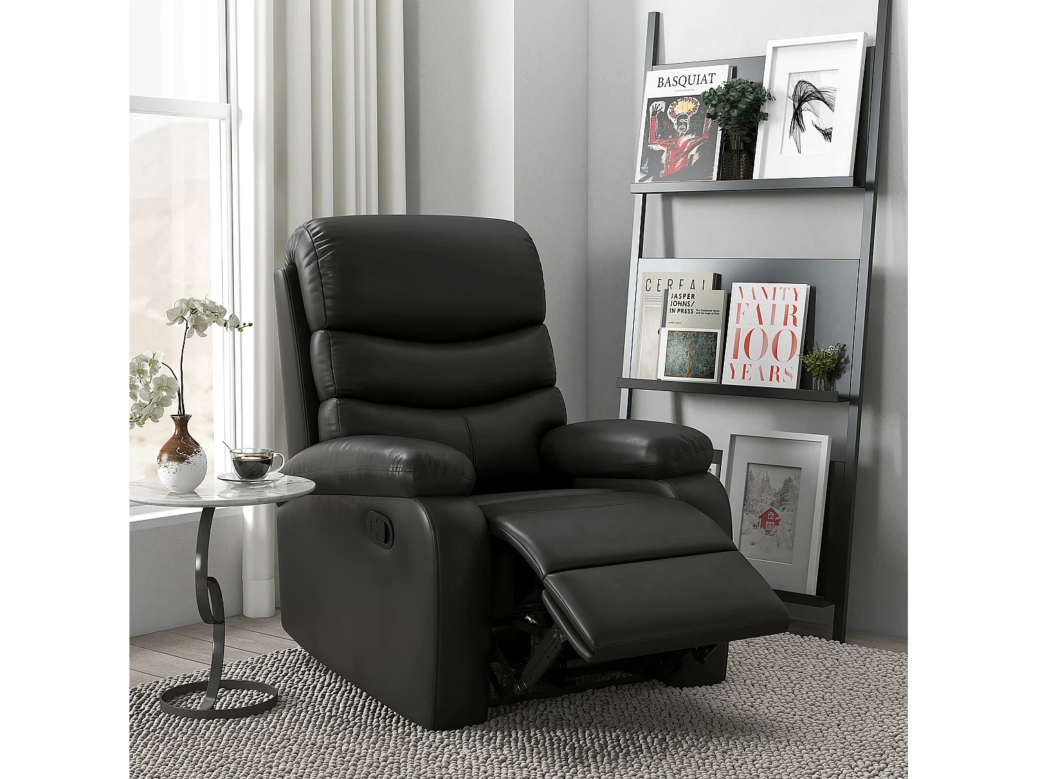 Fauteuil avec fonction inclinable, repose-pieds, cuir synthétique, noir (78x90x105 cm)