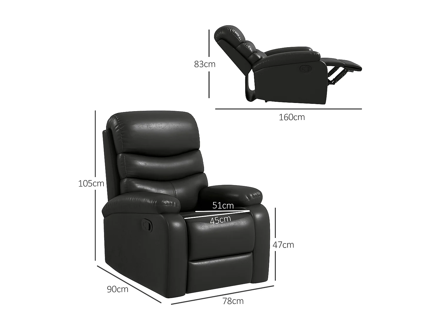 Fauteuil avec fonction inclinable, repose-pieds, cuir synthétique, noir (78x90x105 cm)