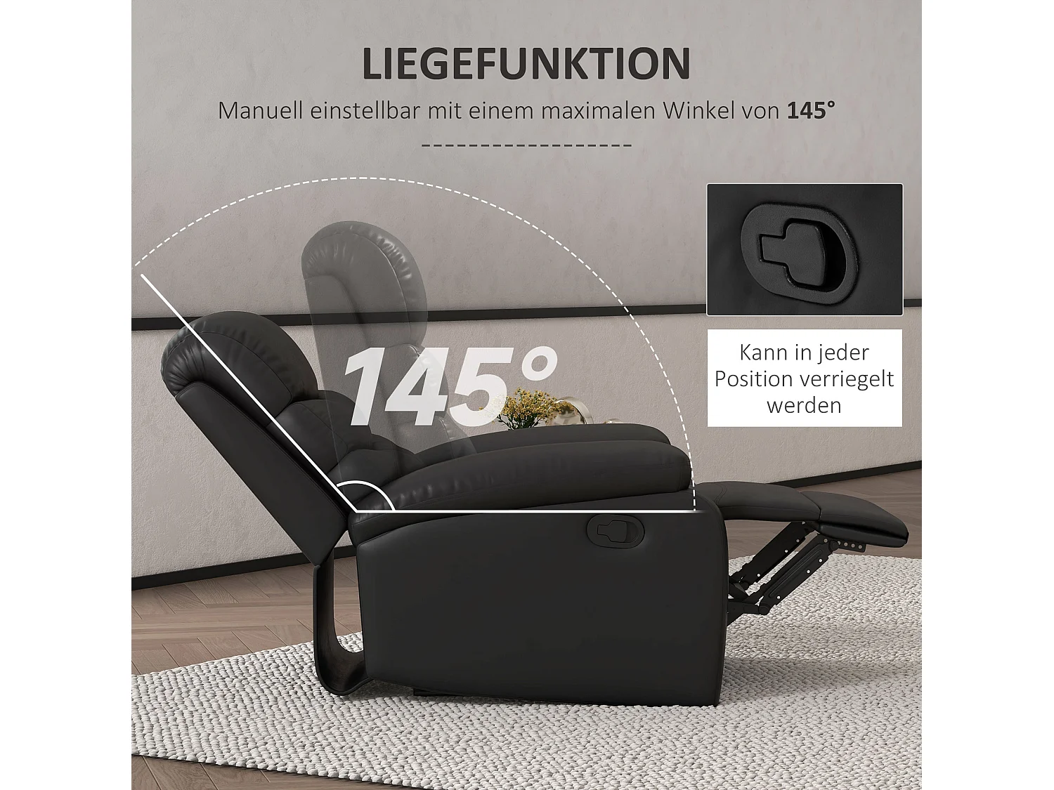 Fauteuil avec fonction inclinable, repose-pieds, cuir synthétique, noir (78x90x105 cm)