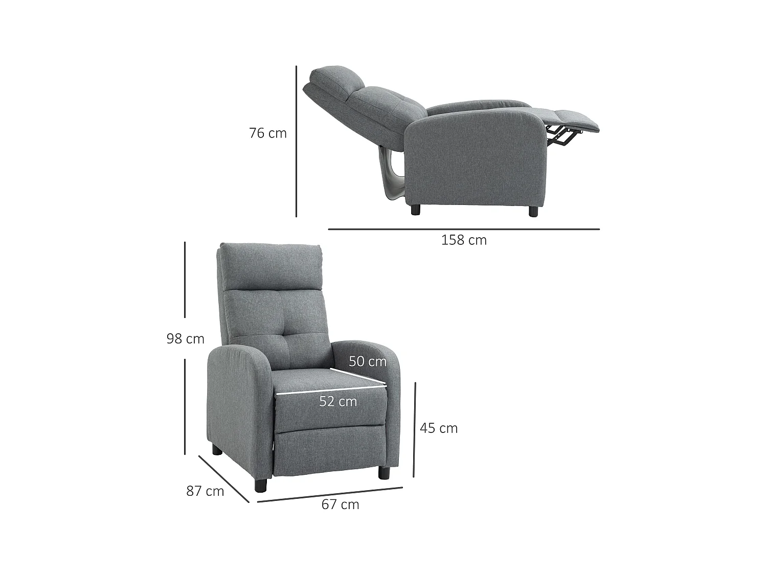 Relaxfauteuil met relaxfunctie, kantelbaar tot 155°, linnen stof, pocketveringmatras, grijs (67x87x98 cm)