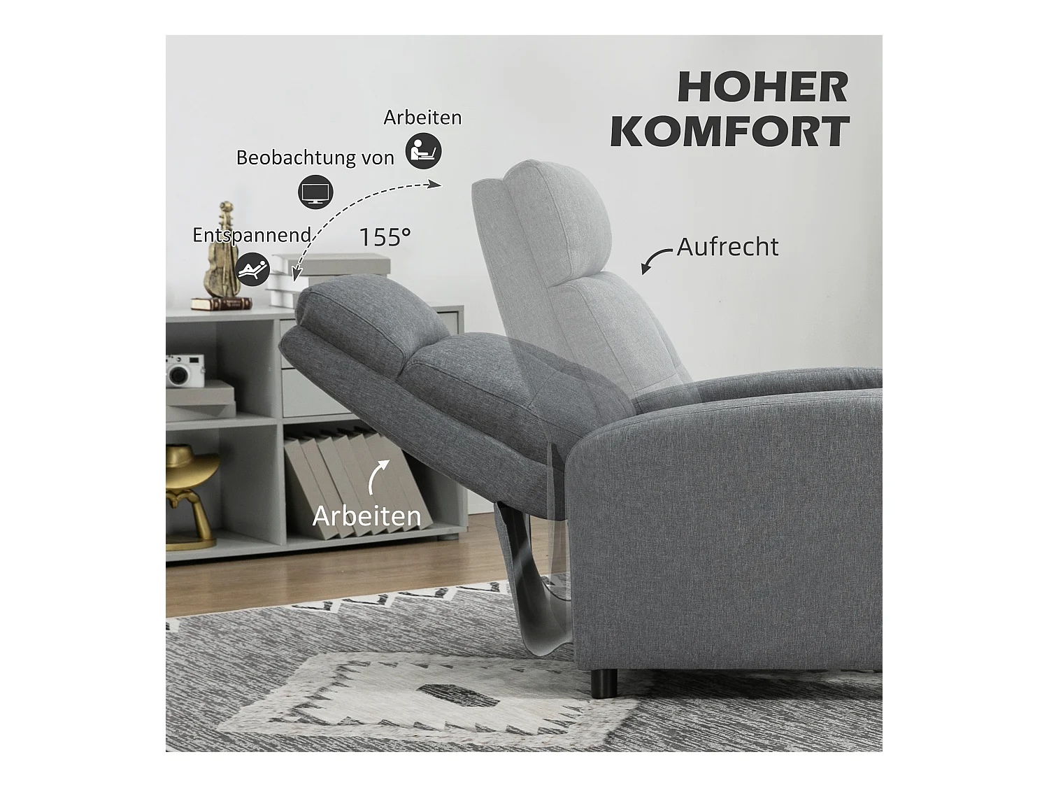 Fauteuil avec fonction de relaxation, inclinaison jusqu'à 155°, tissu en lin, matelas à ressorts ensachés, gris (67x87x98 cm)