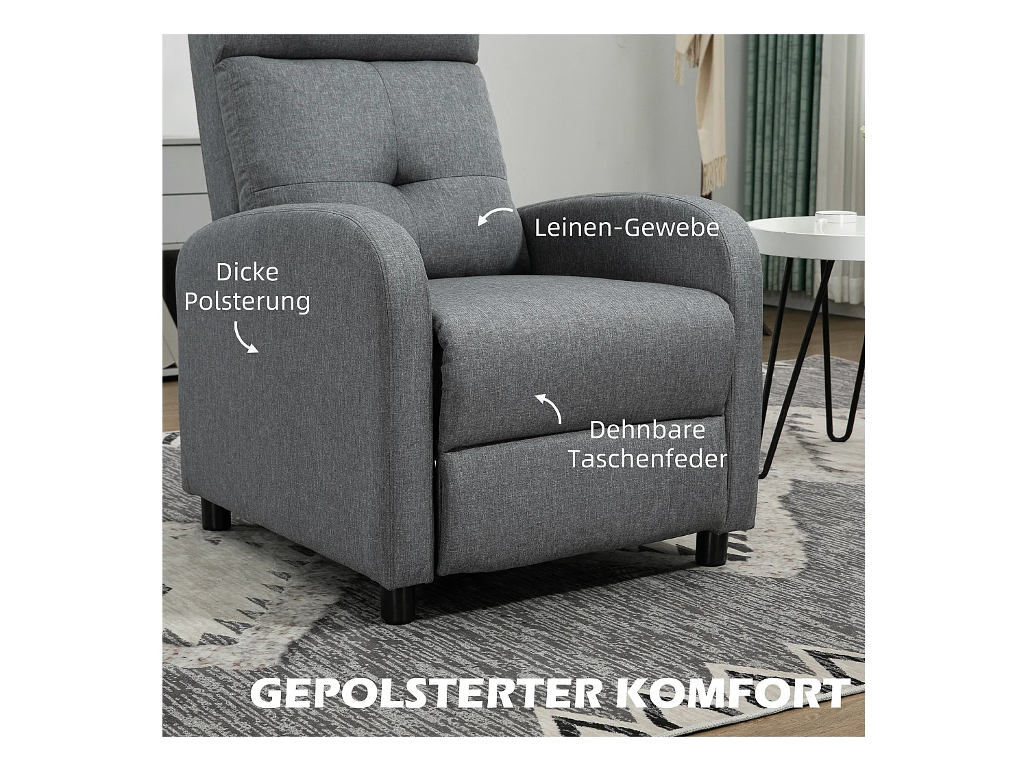 Fauteuil avec fonction de relaxation, inclinaison jusqu'à 155°, tissu en lin, matelas à ressorts ensachés, gris (67x87x98 cm)