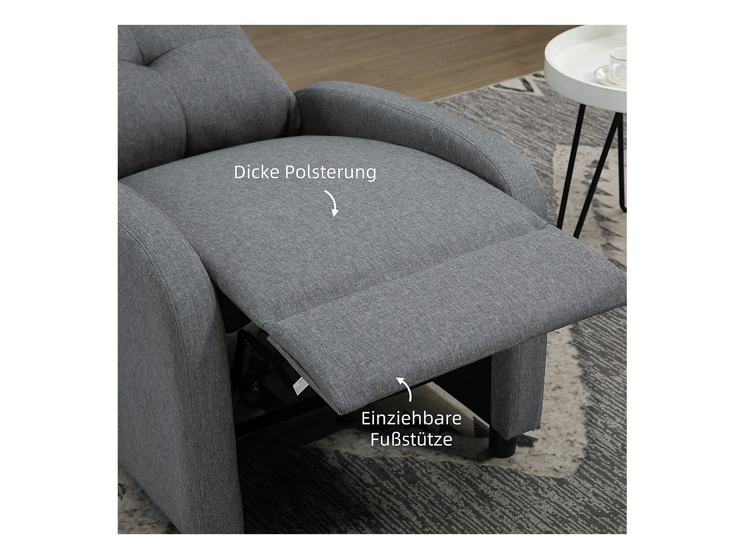 Fauteuil avec fonction de relaxation, inclinaison jusqu'à 155°, tissu en lin, matelas à ressorts ensachés, gris (67x87x98 cm)