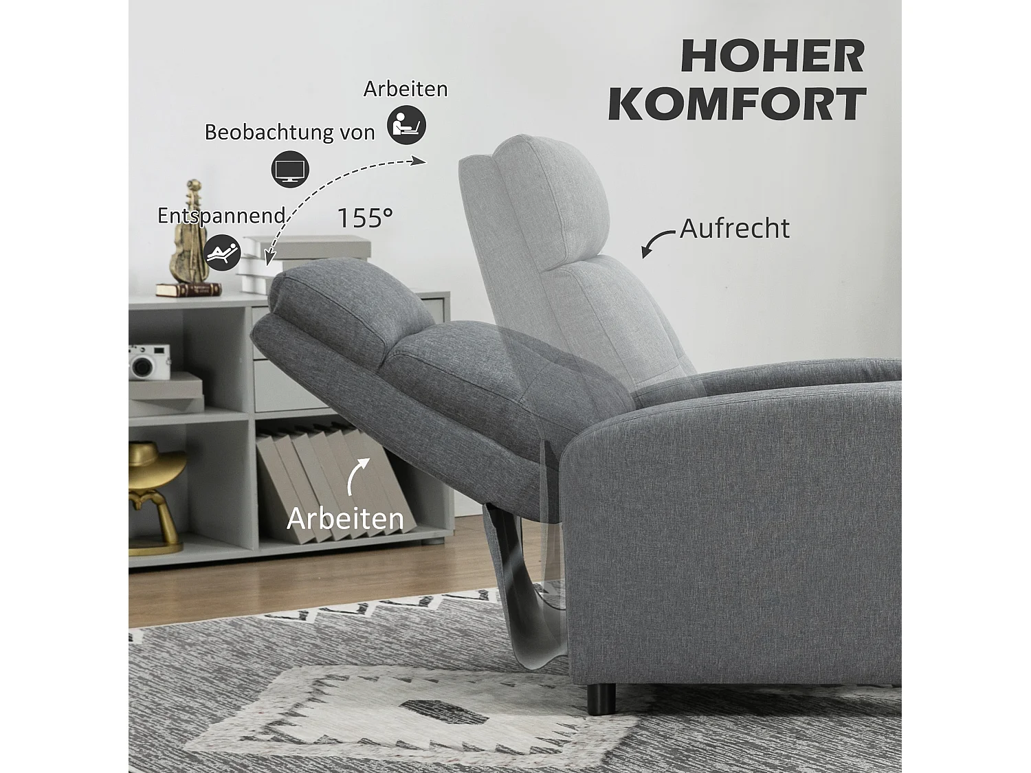 Poltrona con funzione relax, inclinazione fino a 155°, tessuto in lino, materasso a molle insacchettate, grigio (67x87x98 cm)