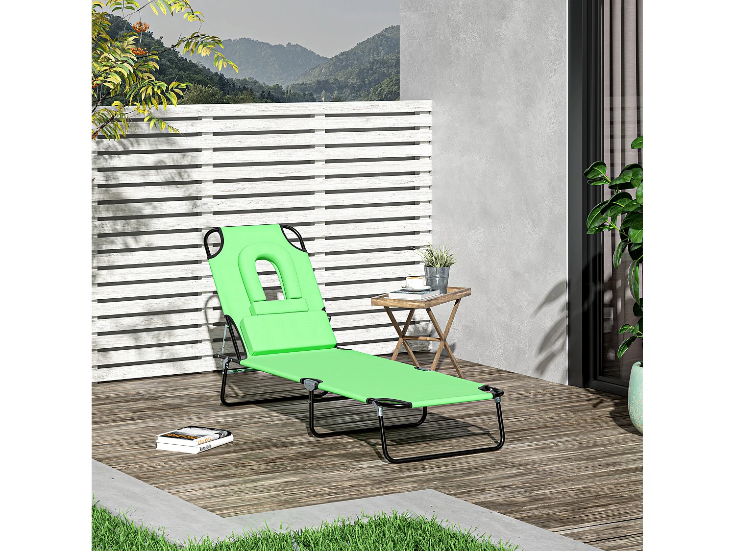 Chaise Longue Pliante avec Tête Repose, Fenêtre de Lecture, 4 Positions, Polyester, Vert (187x58x36 cm)