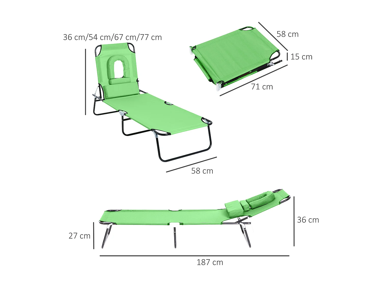 Chaise Longue Pliante avec Tête Repose, Fenêtre de Lecture, 4 Positions, Polyester, Vert (187x58x36 cm)