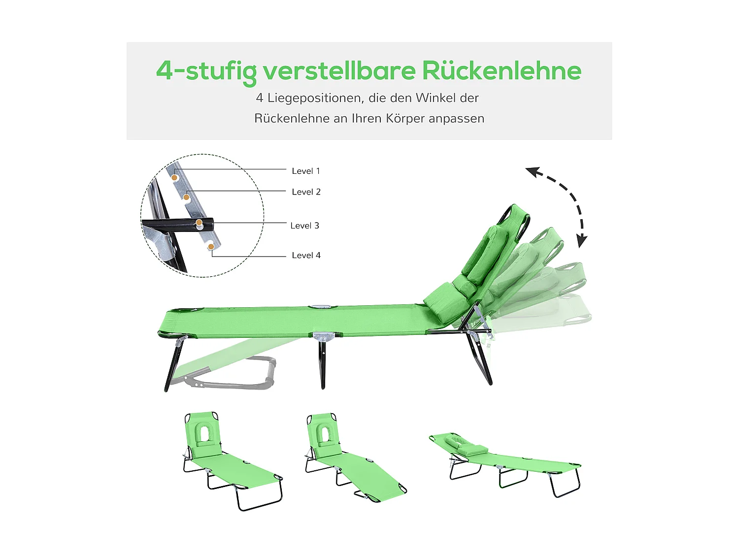 Chaise Longue Pliante avec Tête Repose, Fenêtre de Lecture, 4 Positions, Polyester, Vert (187x58x36 cm)