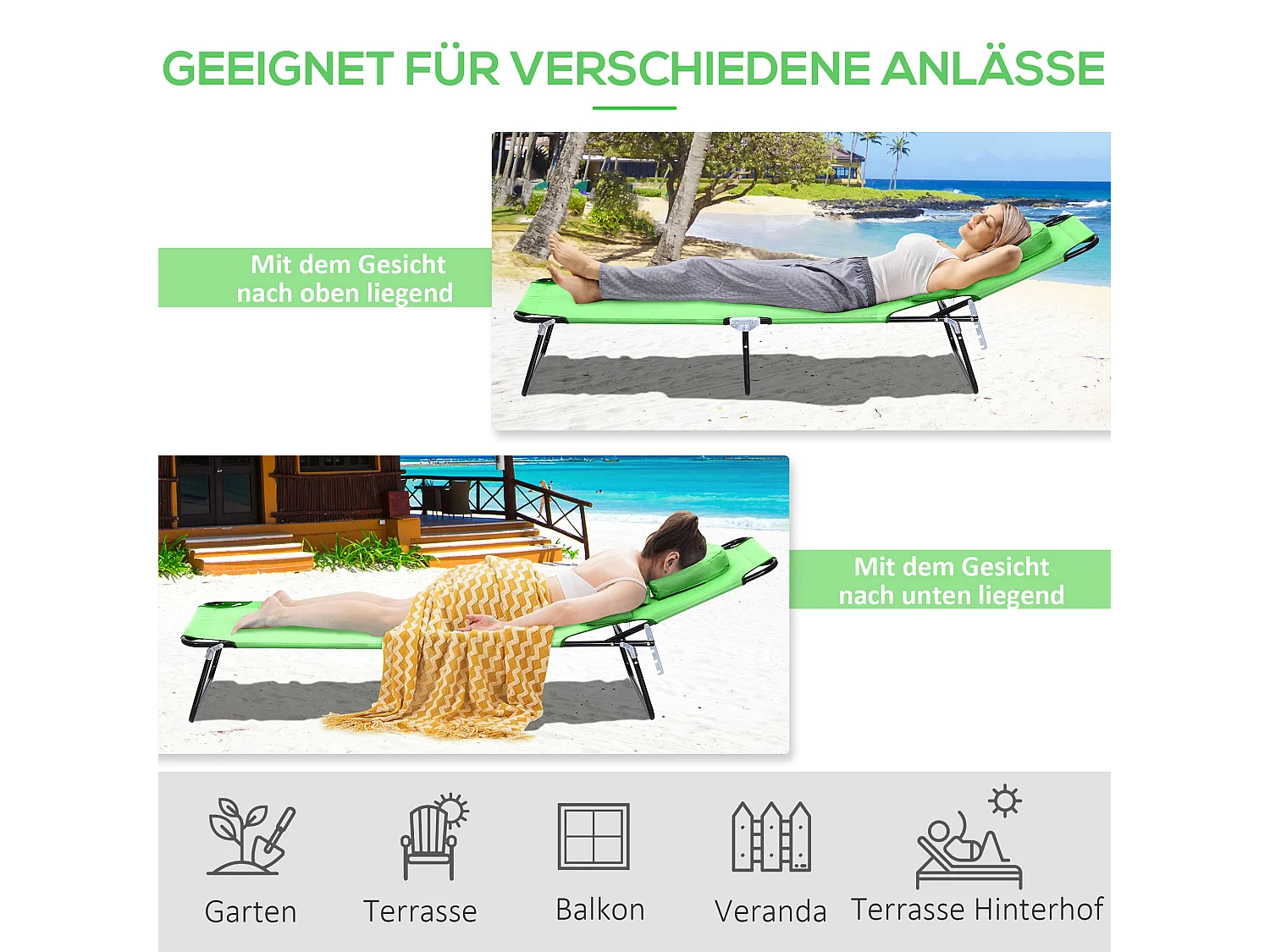 Chaise Longue Pliante avec Tête Repose, Fenêtre de Lecture, 4 Positions, Polyester, Vert (187x58x36 cm)