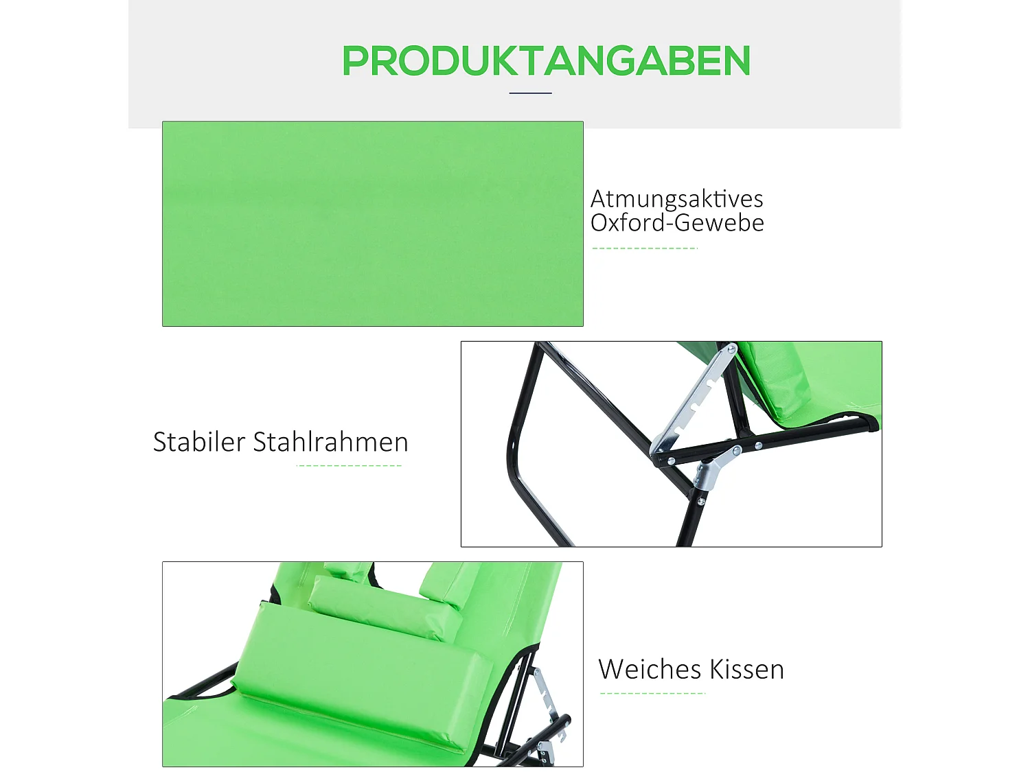 Chaise Longue Pliante avec Tête Repose, Fenêtre de Lecture, 4 Positions, Polyester, Vert (187x58x36 cm)