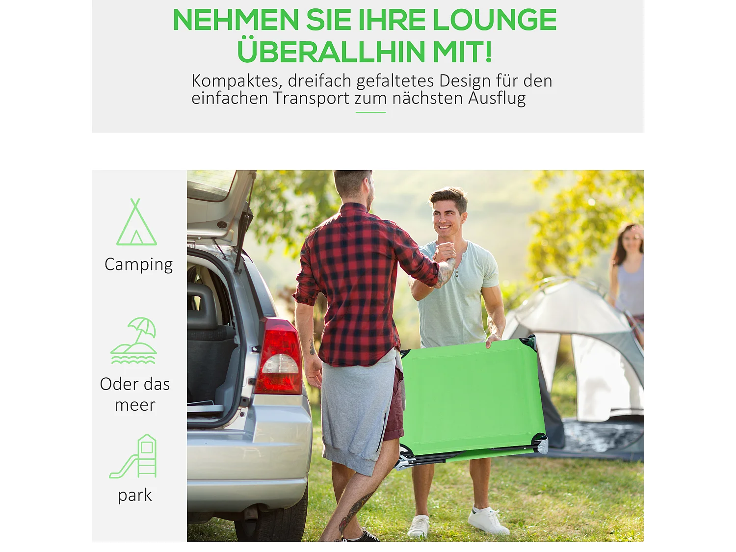 Chaise Longue Pliante avec Tête Repose, Fenêtre de Lecture, 4 Positions, Polyester, Vert (187x58x36 cm)