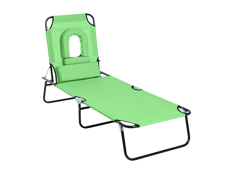 Chaise Longue Pliante avec Tête Repose, Fenêtre de Lecture, 4 Positions, Polyester, Vert (187x58x36 cm)