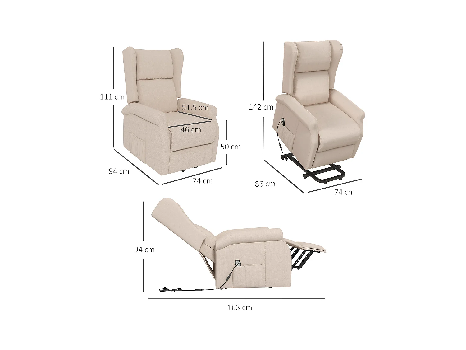 Fauteuil électrique avec fonction de levage, tissu, crème (74x94x111 cm)