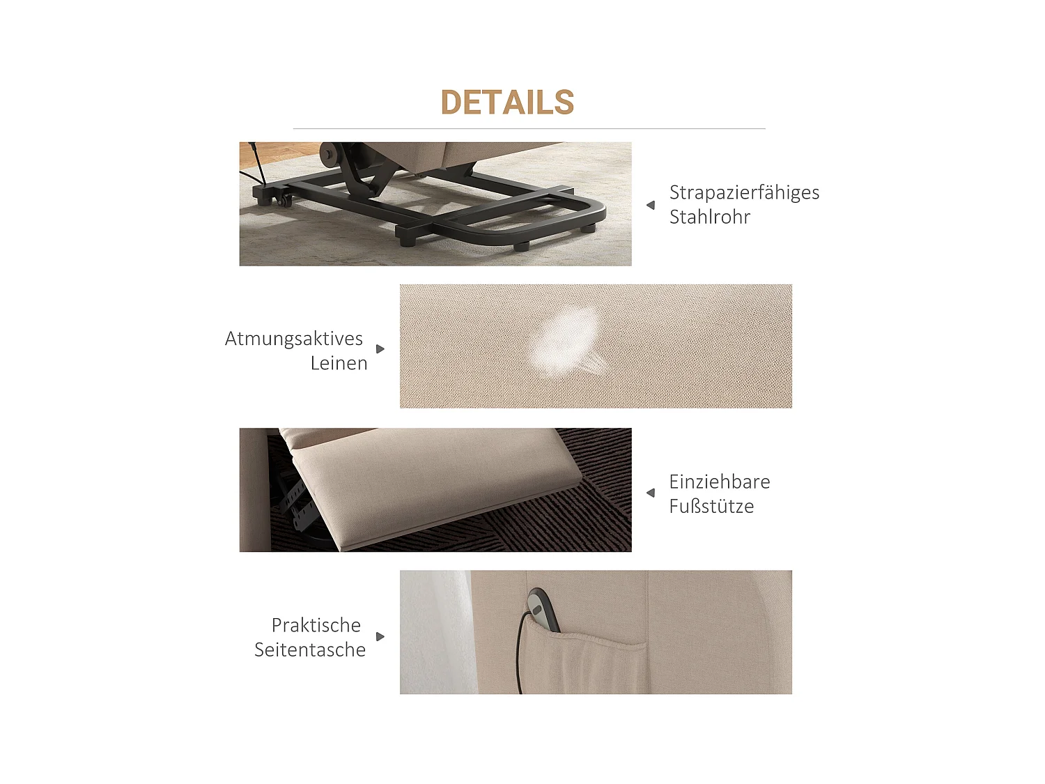 Fauteuil électrique avec fonction de levage, tissu, crème (74x94x111 cm)