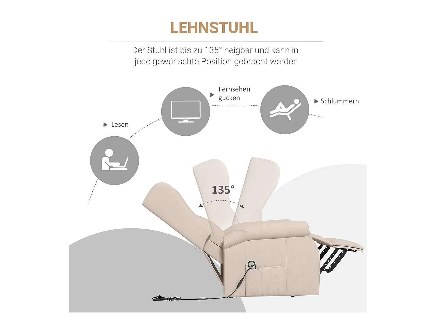 Fauteuil électrique avec fonction de levage, tissu, crème (74x94x111 cm)