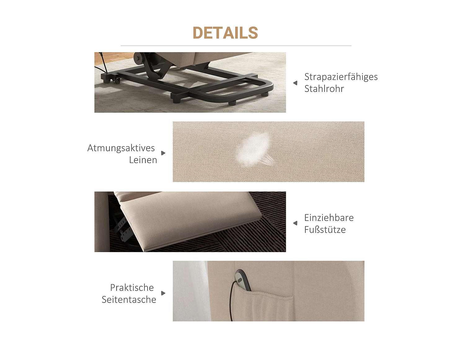 Fauteuil électrique avec fonction de levage, tissu, crème (74x94x111 cm)