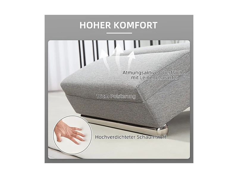 Relaxfauteuil met armleuningen, modern design, linnenlook stof, stalen poten, lichtgrijs (160,5x60,5x93 cm)