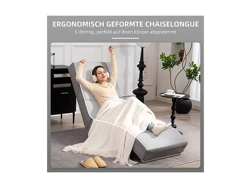 Relaxfauteuil met armleuningen, modern design, linnenlook stof, stalen poten, lichtgrijs (160,5x60,5x93 cm)