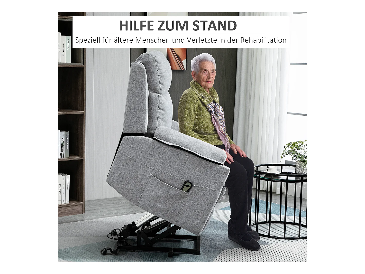 Relaxfauteuil met heffunctie, polyesterstof, grijs, 1 motor (83x89x102 cm)