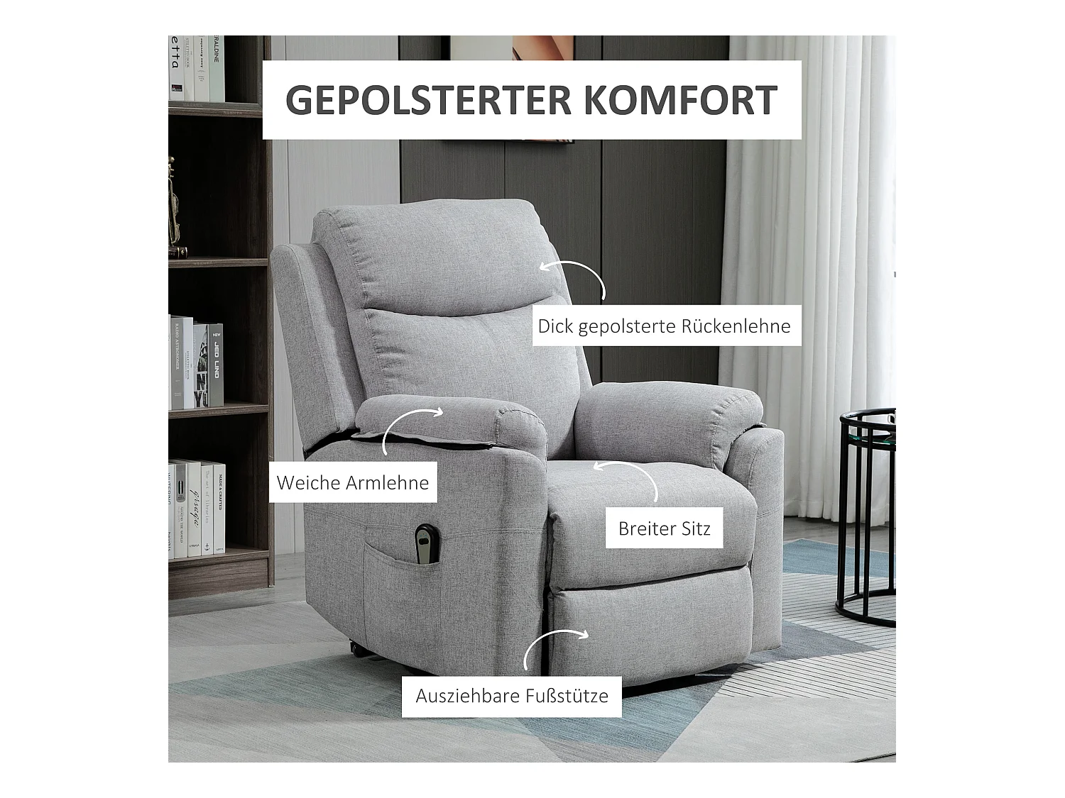 Fauteuil avec fonction releveur, tissu polyester, gris, moteur 1 moteur (83x89x102 cm)