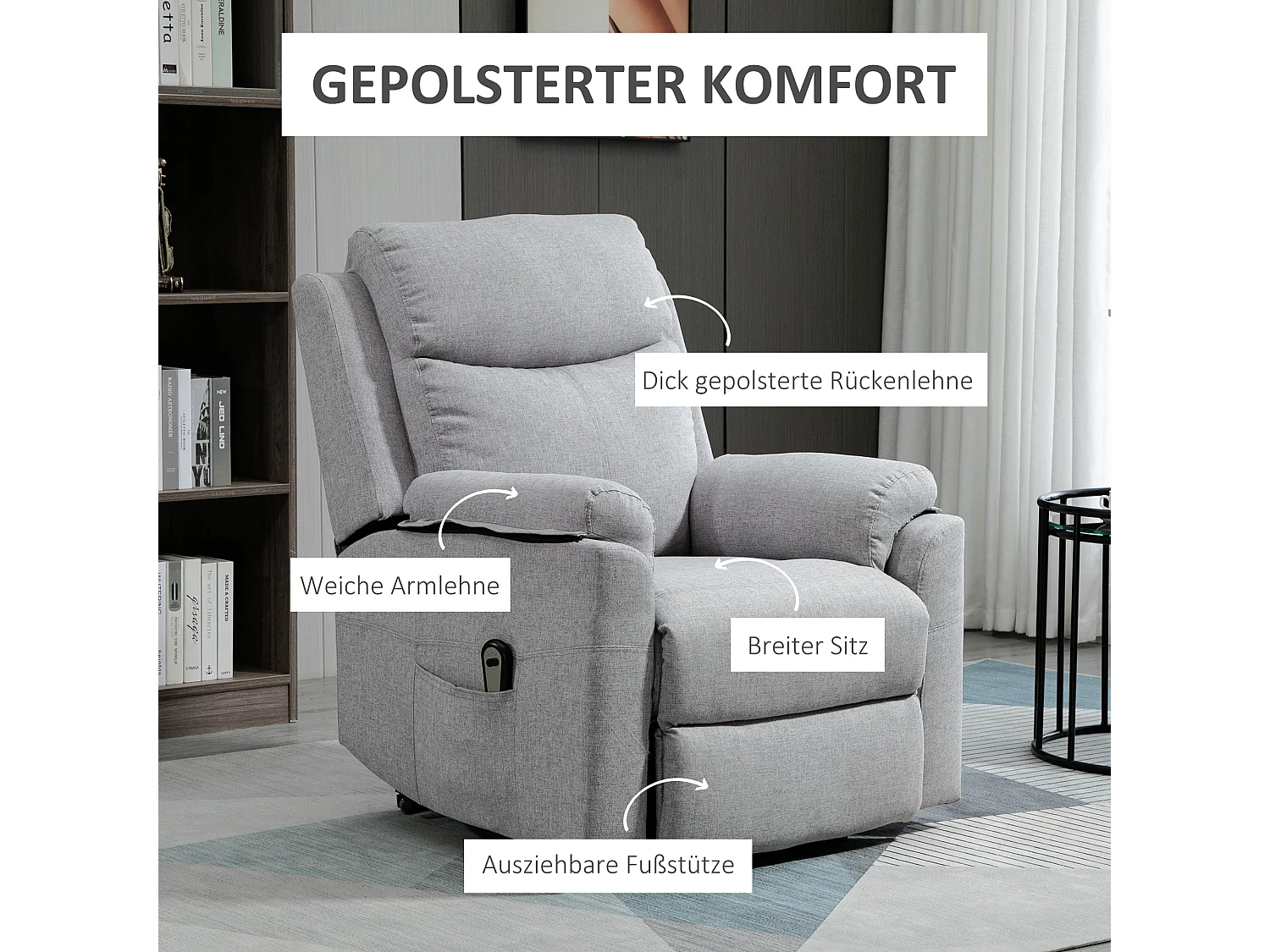 Fauteuil avec fonction releveur, tissu polyester, gris, moteur 1 moteur (83x89x102 cm)