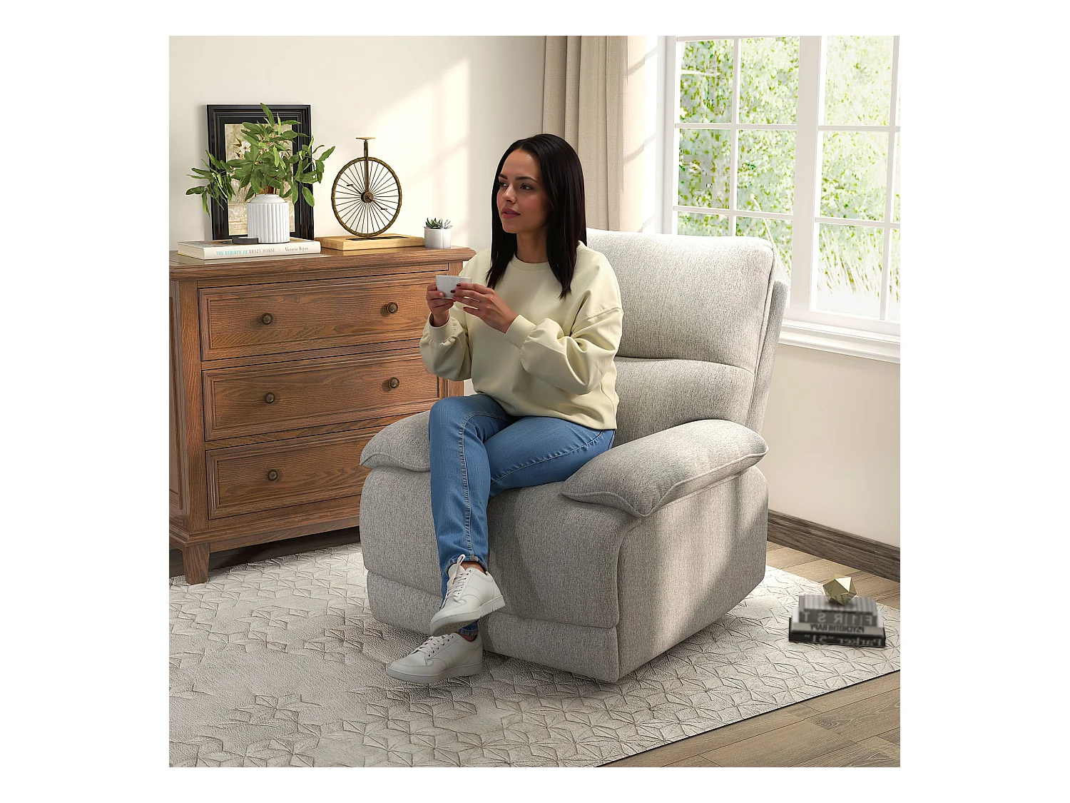 Fauteuil avec fonction inclinable, 360° pivotant, tissu lin, beige (89x98x101cm)