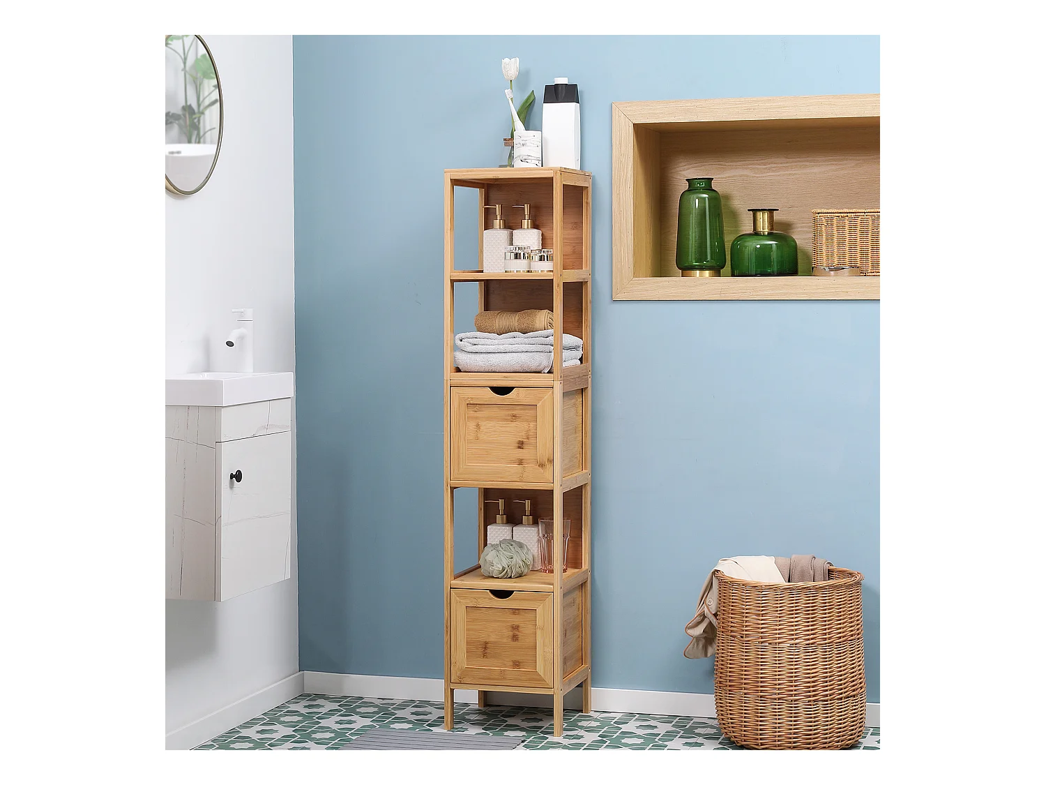 Armoire de salle de bain en bambou, avec 3 étagères et 2 tiroirs, protection contre le basculement, naturel (30x30x140 cm)