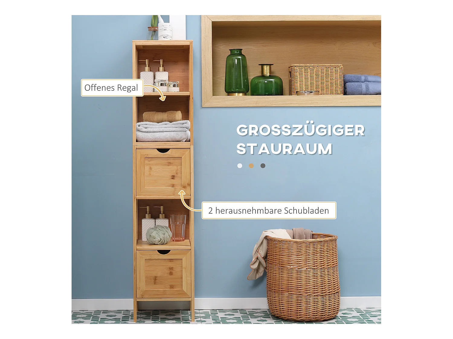 Armoire de salle de bain en bambou, avec 3 étagères et 2 tiroirs, protection contre le basculement, naturel (30x30x140 cm)