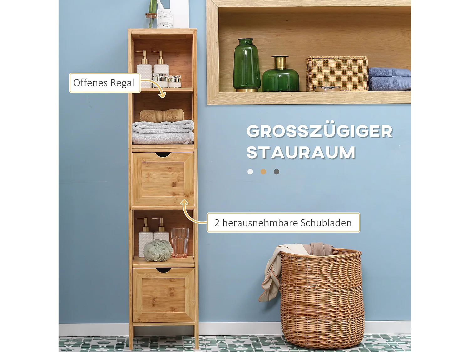 Armoire de salle de bain en bambou, avec 3 étagères et 2 tiroirs, protection contre le basculement, naturel (30x30x140 cm)