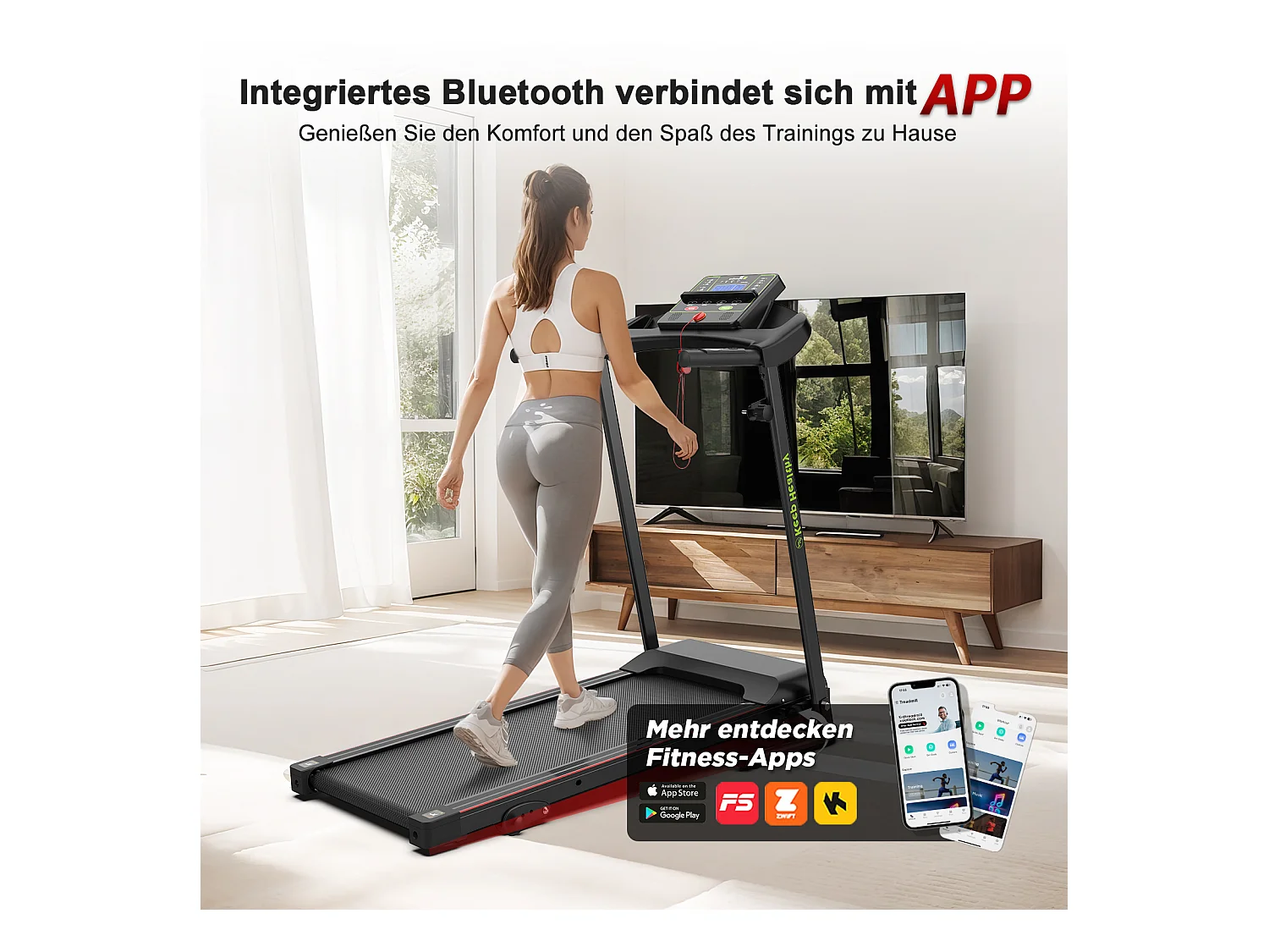 Tapis de course pliable 2-en-1 pour bureau et maison, avec affichage LED, support tablette, vitesse jusqu'à 12 km/h (121x63x104 cm)