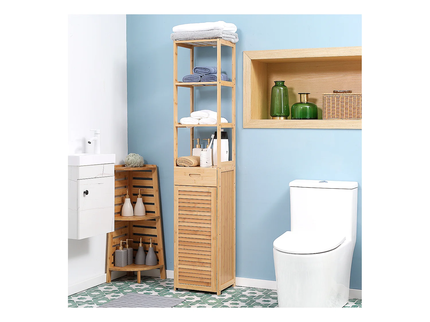 Armoire de Salle de Bain en Bambou, 1 Tiroir, 3 Étagères, Design Naturel, (32x30x163 cm)