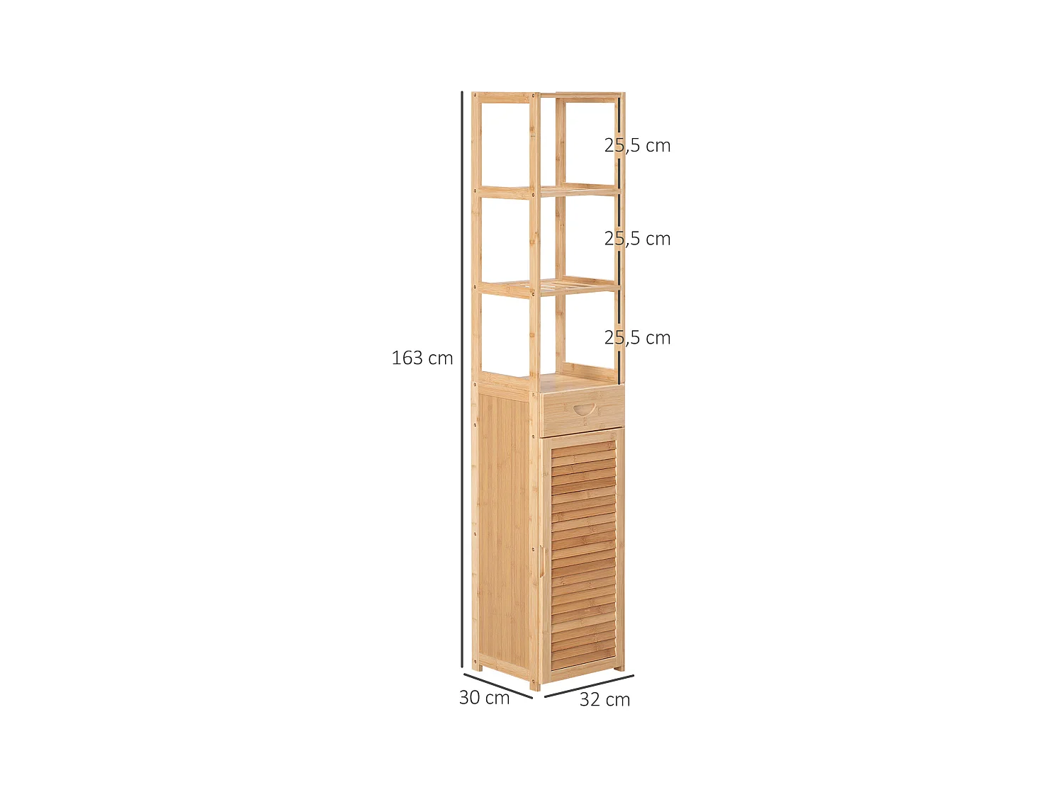 Armoire de Salle de Bain en Bambou, 1 Tiroir, 3 Étagères, Design Naturel, (32x30x163 cm)
