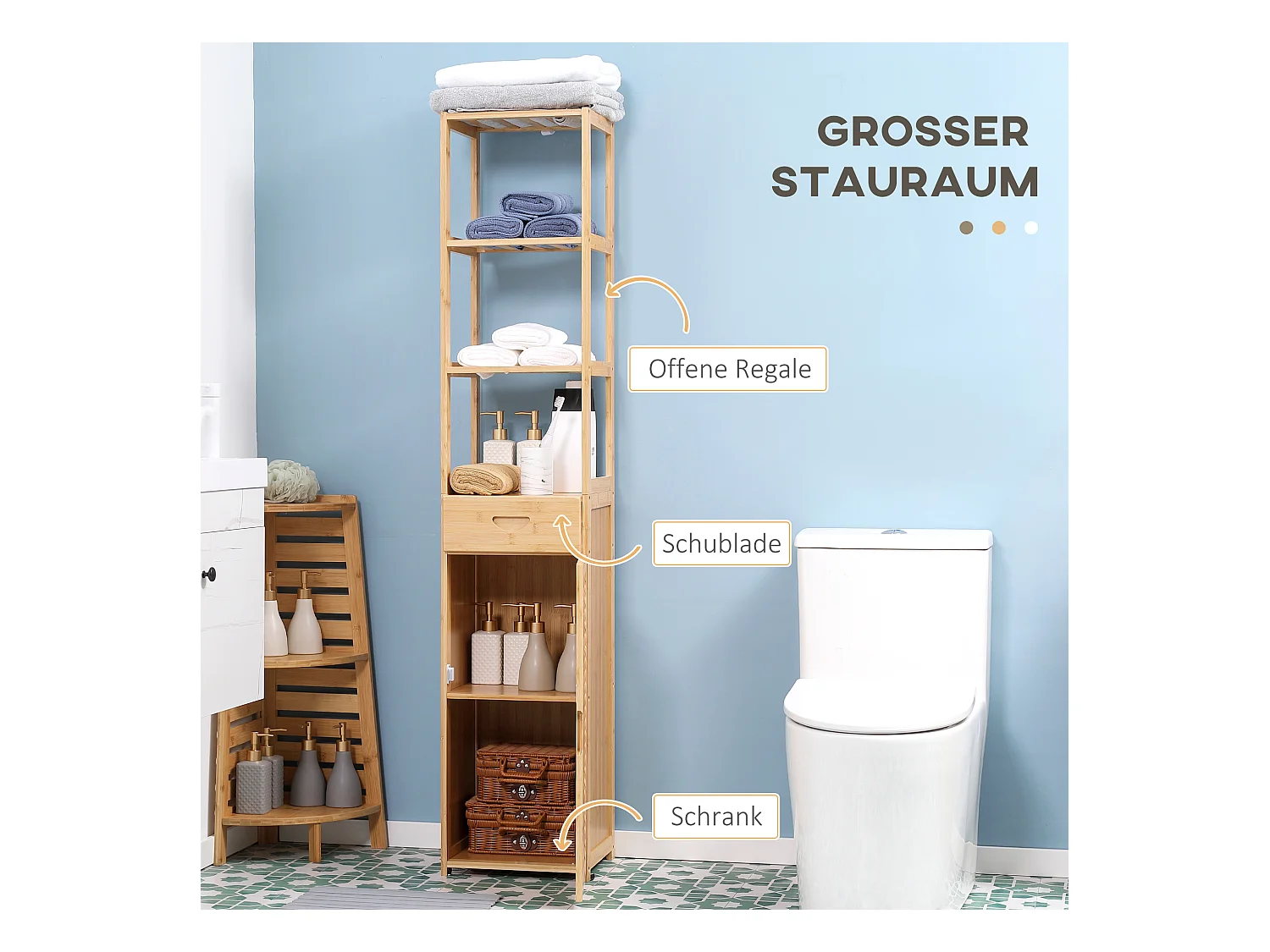 Armoire de Salle de Bain en Bambou, 1 Tiroir, 3 Étagères, Design Naturel, (32x30x163 cm)