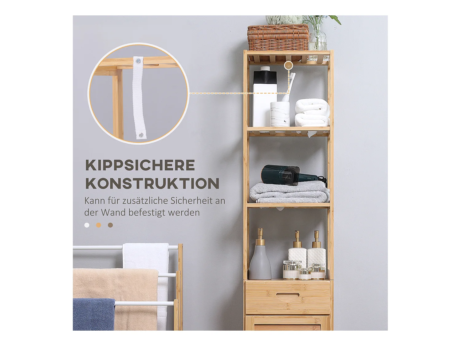 Armoire de Salle de Bain en Bambou, 1 Tiroir, 3 Étagères, Design Naturel, (32x30x163 cm)