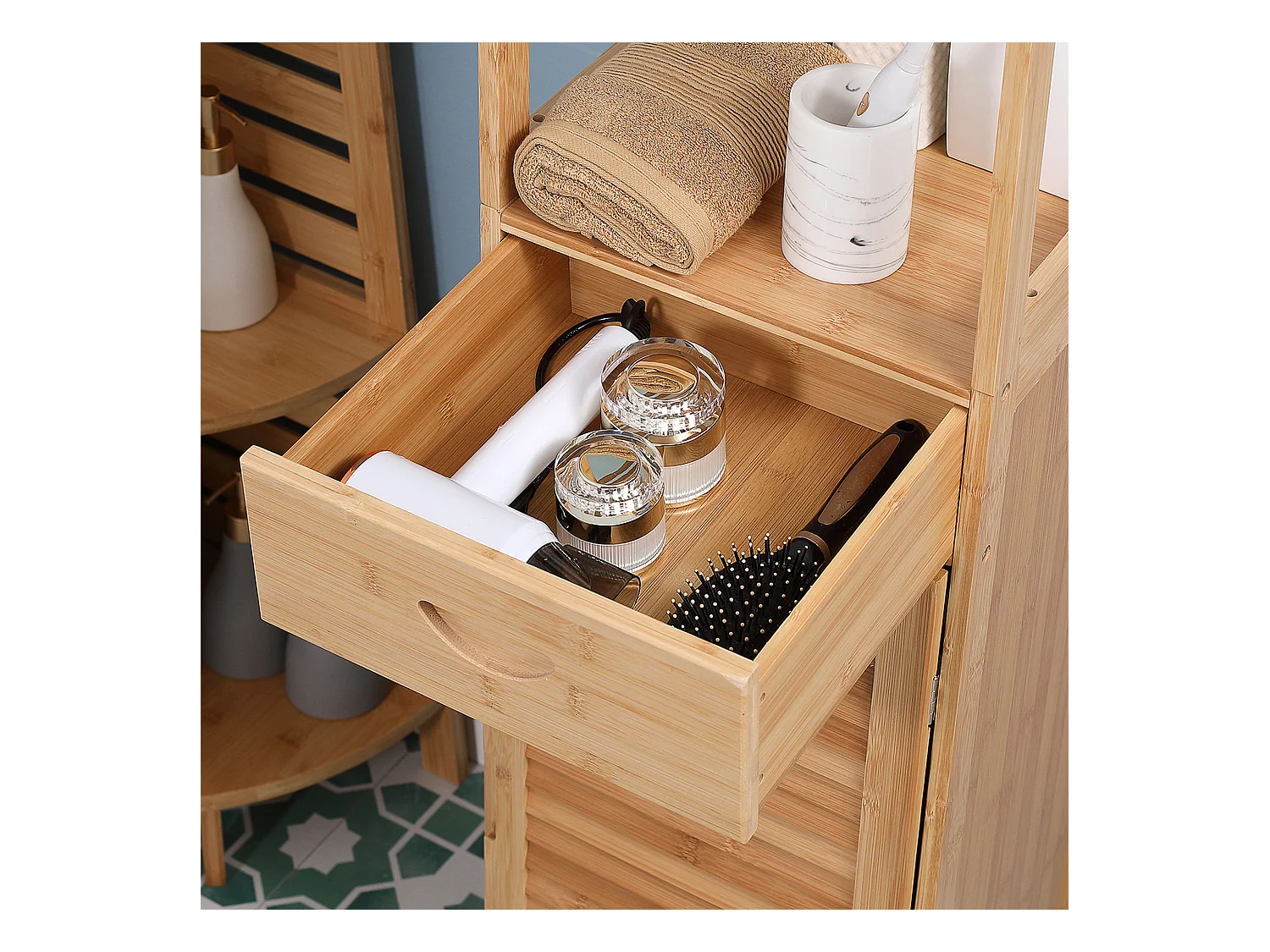 Armoire de Salle de Bain en Bambou, 1 Tiroir, 3 Étagères, Design Naturel, (32x30x163 cm)