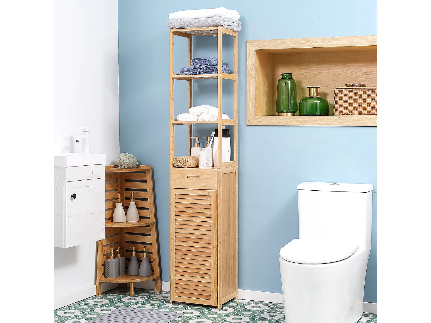 Armoire de Salle de Bain en Bambou, 1 Tiroir, 3 Étagères, Design Naturel, (32x30x163 cm)