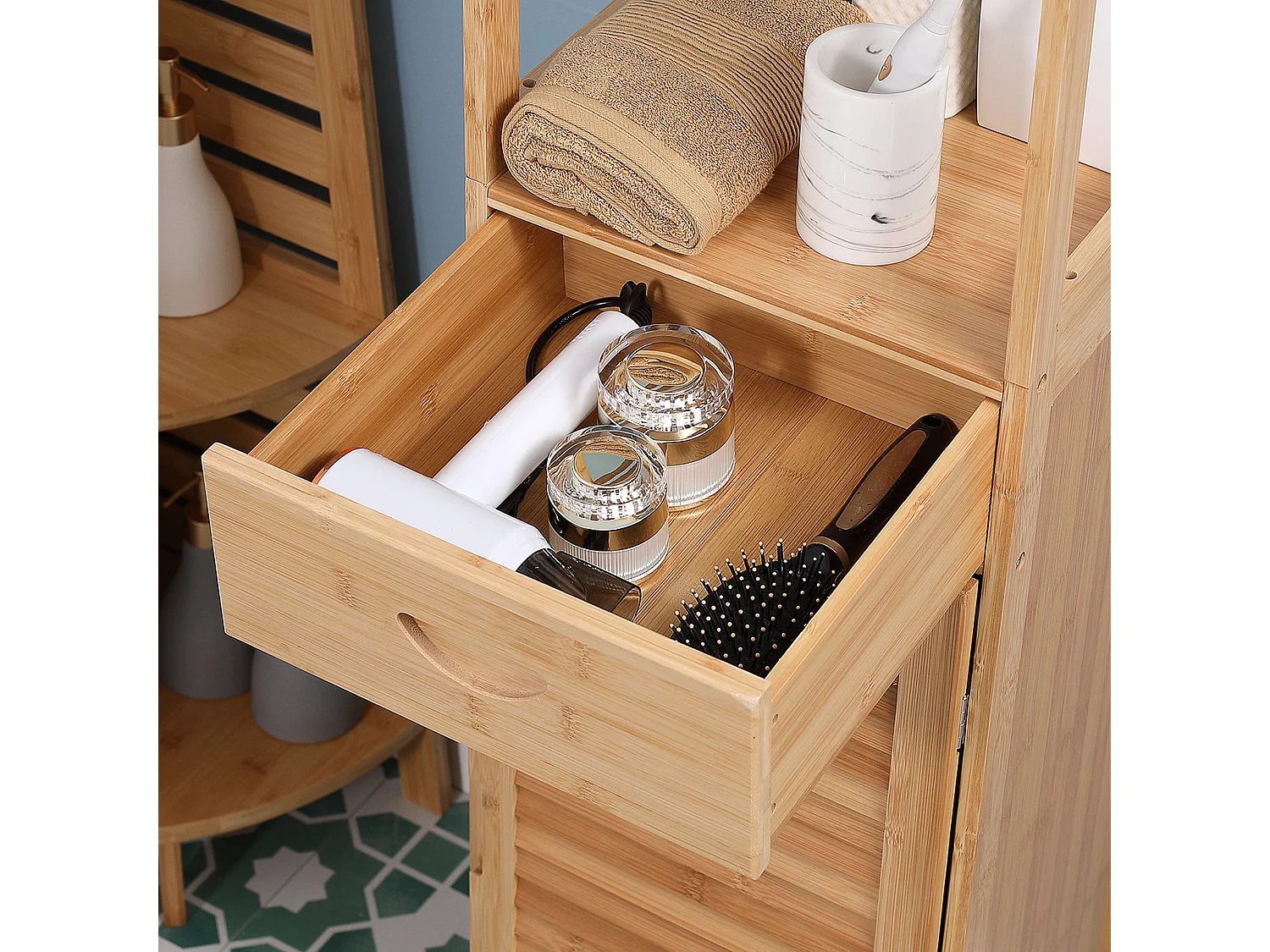 Armoire de Salle de Bain en Bambou, 1 Tiroir, 3 Étagères, Design Naturel, (32x30x163 cm)