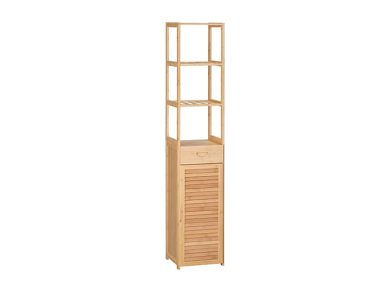 Armoire de Salle de Bain en Bambou, 1 Tiroir, 3 Étagères, Design Naturel, (32x30x163 cm)