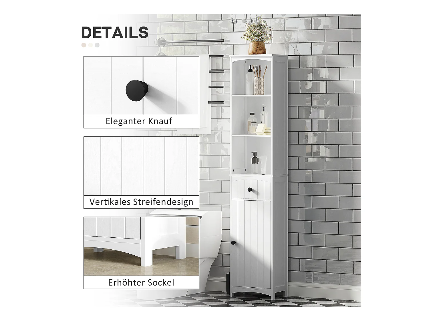 Meuble de salle de bain étroit, avec 3 étagères et 1 tiroir, bois, blanc (34x24x170.5 cm)