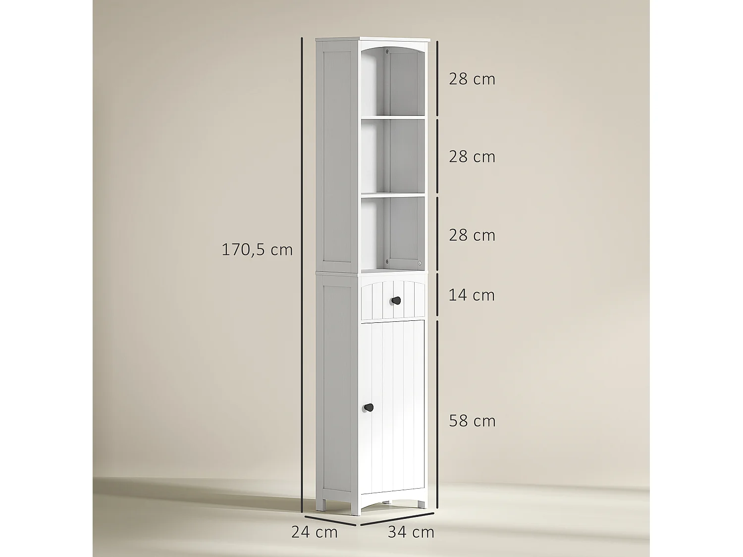 Mueble de baño estrecho, con 3 estantes y 1 cajón, madera, blanco (34x24x170,5 cm)
