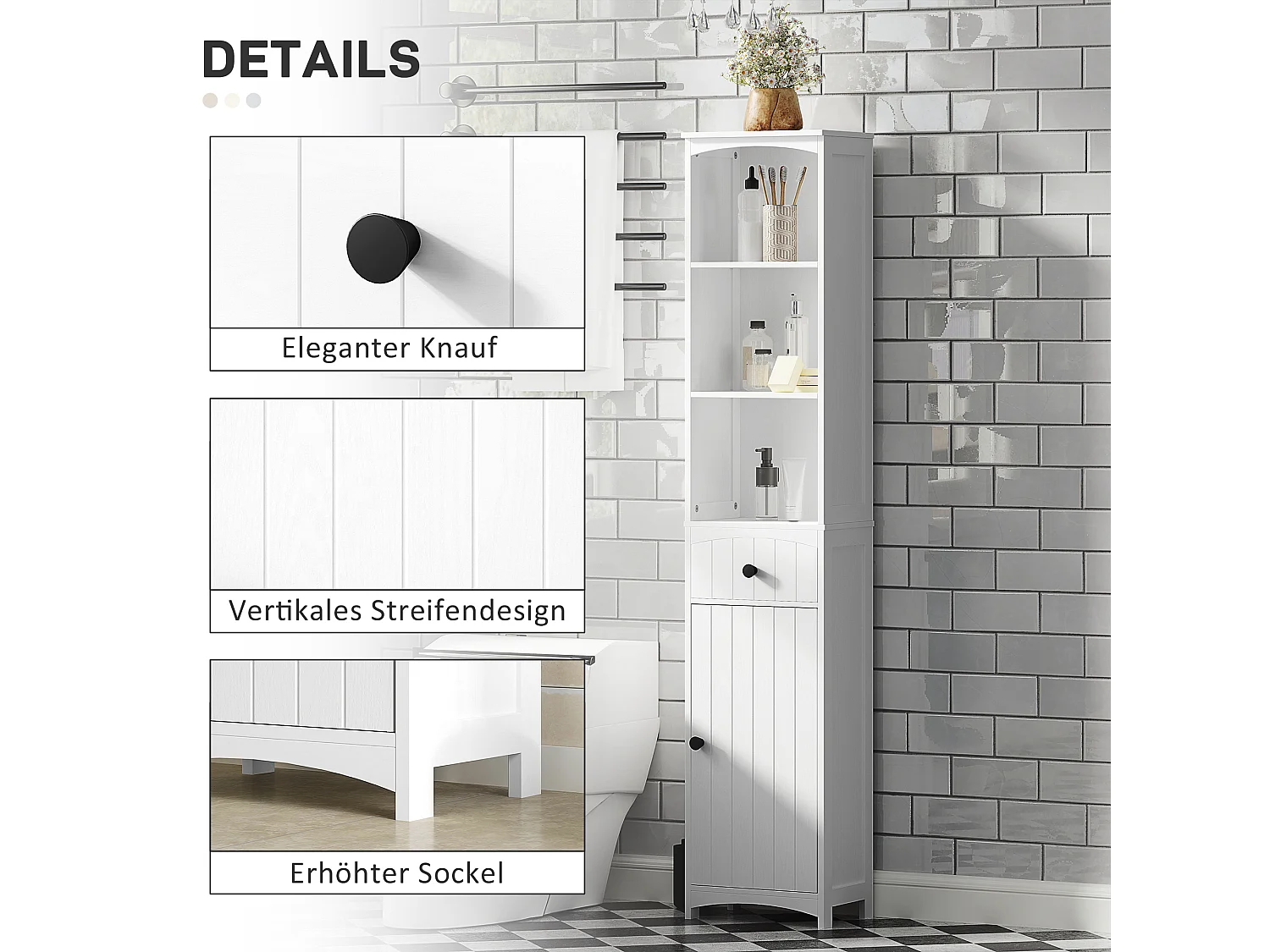 Mueble de baño estrecho, con 3 estantes y 1 cajón, madera, blanco (34x24x170,5 cm)