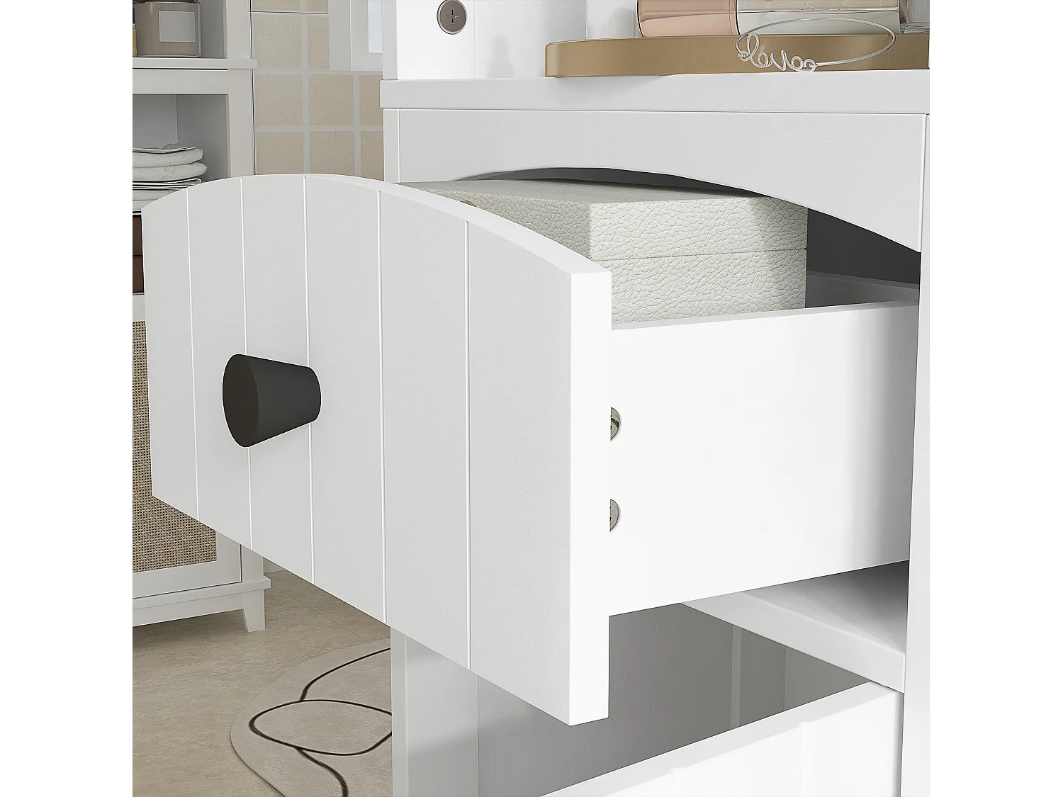 Mueble de baño estrecho, con 3 estantes y 1 cajón, madera, blanco (34x24x170,5 cm)