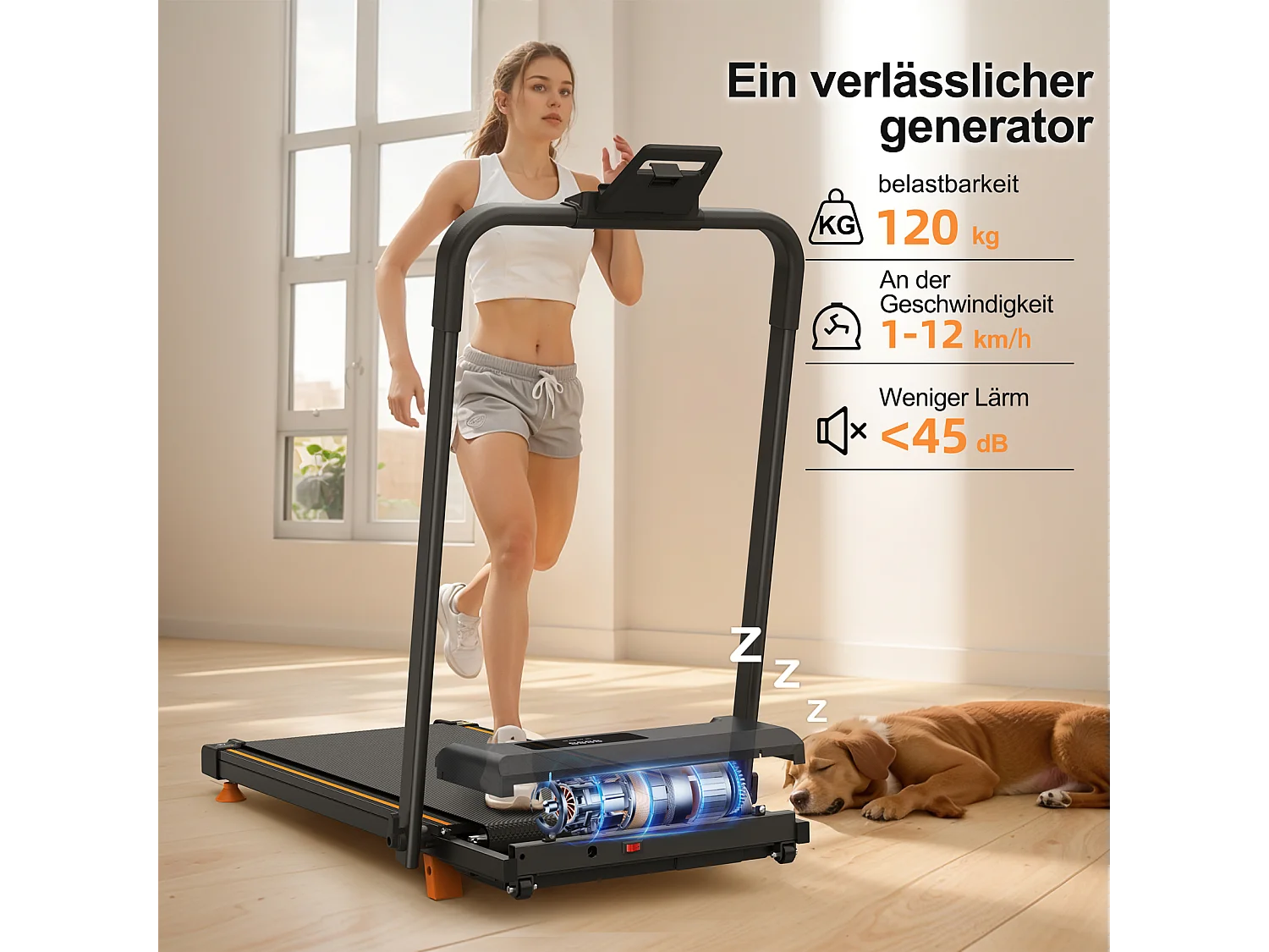 Tapis de course pliable 3-en-1 pour bureau à domicile, avec écran LED, application et capacité 120KG (116x60x10.5 cm)