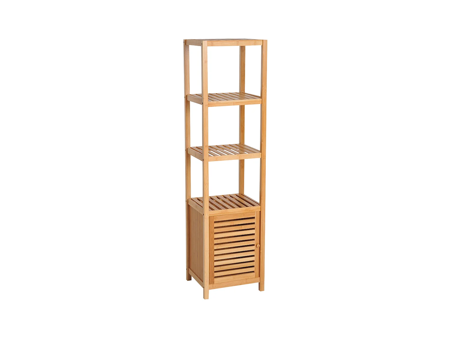 Meuble de salle de bain en bambou, avec 3 étagères ouvertes, porte à lamelles, bois naturel (50x29x140 cm)