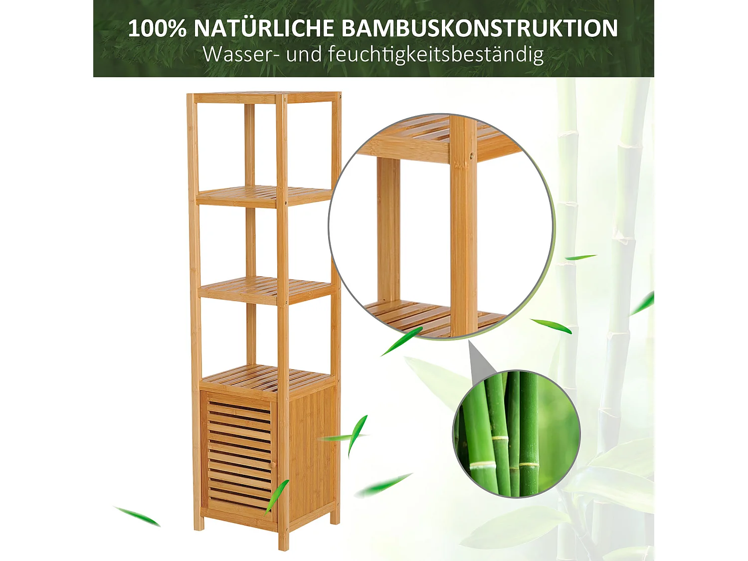 Meuble de salle de bain en bambou, avec 3 étagères ouvertes, porte à lamelles, bois naturel (50x29x140 cm)