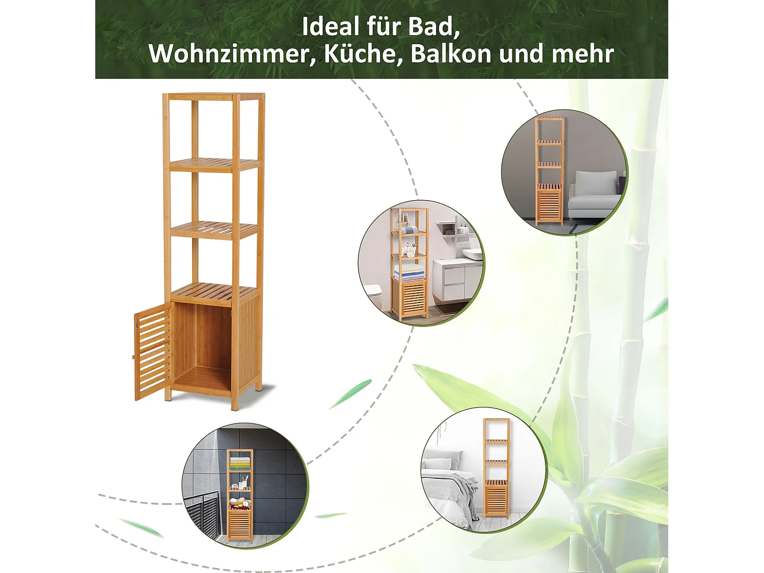 Meuble de salle de bain en bambou, avec 3 étagères ouvertes, porte à lamelles, bois naturel (50x29x140 cm)