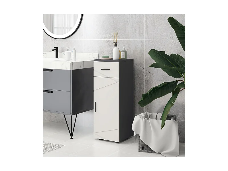 Armoire de salle de bain avec tiroir, étagères réglables, bois mélaminé, gris, compact et fonctionnel (30x30x82cm)