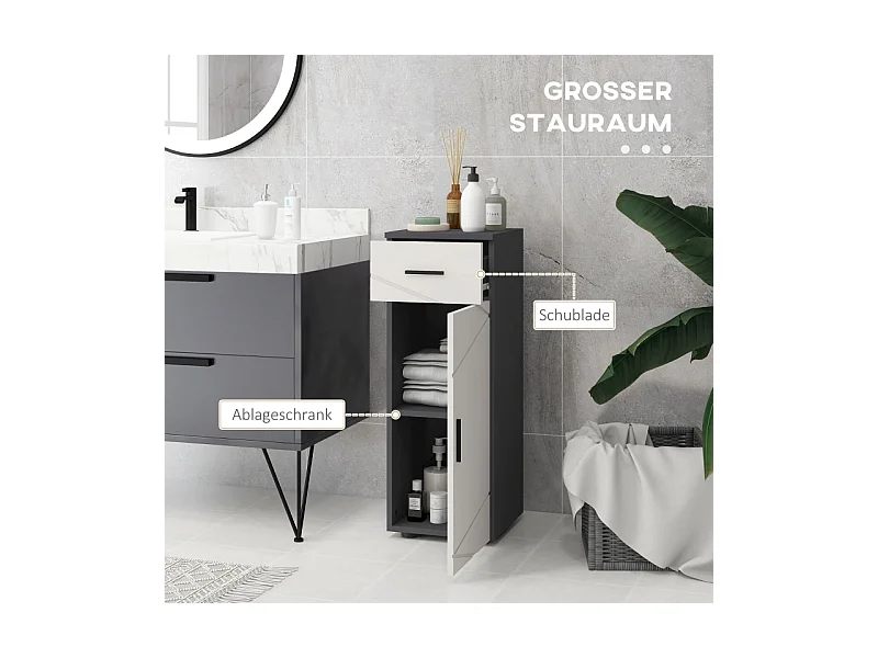 Armoire de salle de bain avec tiroir, étagères réglables, bois mélaminé, gris, compact et fonctionnel (30x30x82cm)