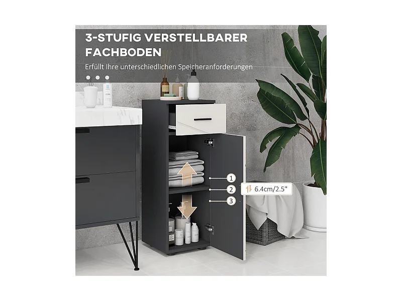 Armoire de salle de bain avec tiroir, étagères réglables, bois mélaminé, gris, compact et fonctionnel (30x30x82cm)