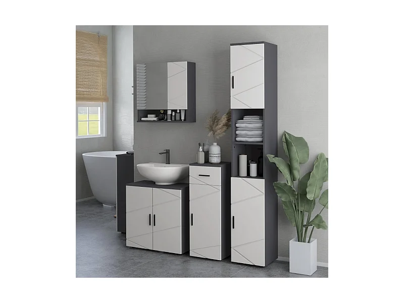 Armoire de salle de bain avec tiroir, étagères réglables, bois mélaminé, gris, compact et fonctionnel (30x30x82cm)