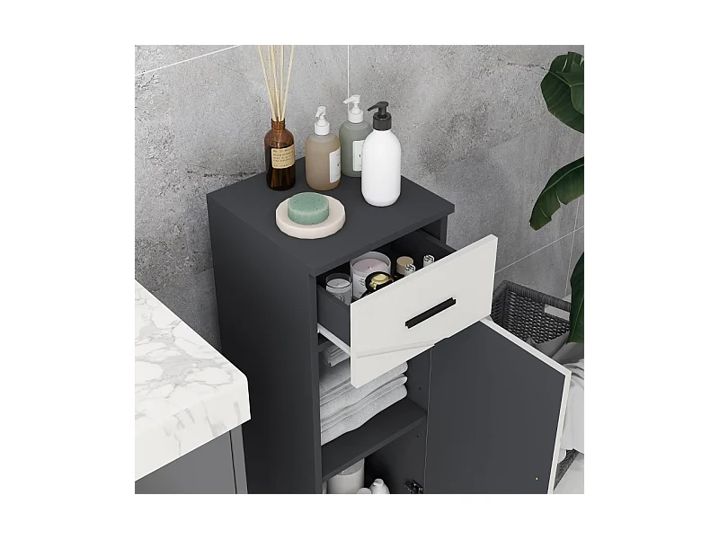 Armoire de salle de bain avec tiroir, étagères réglables, bois mélaminé, gris, compact et fonctionnel (30x30x82cm)